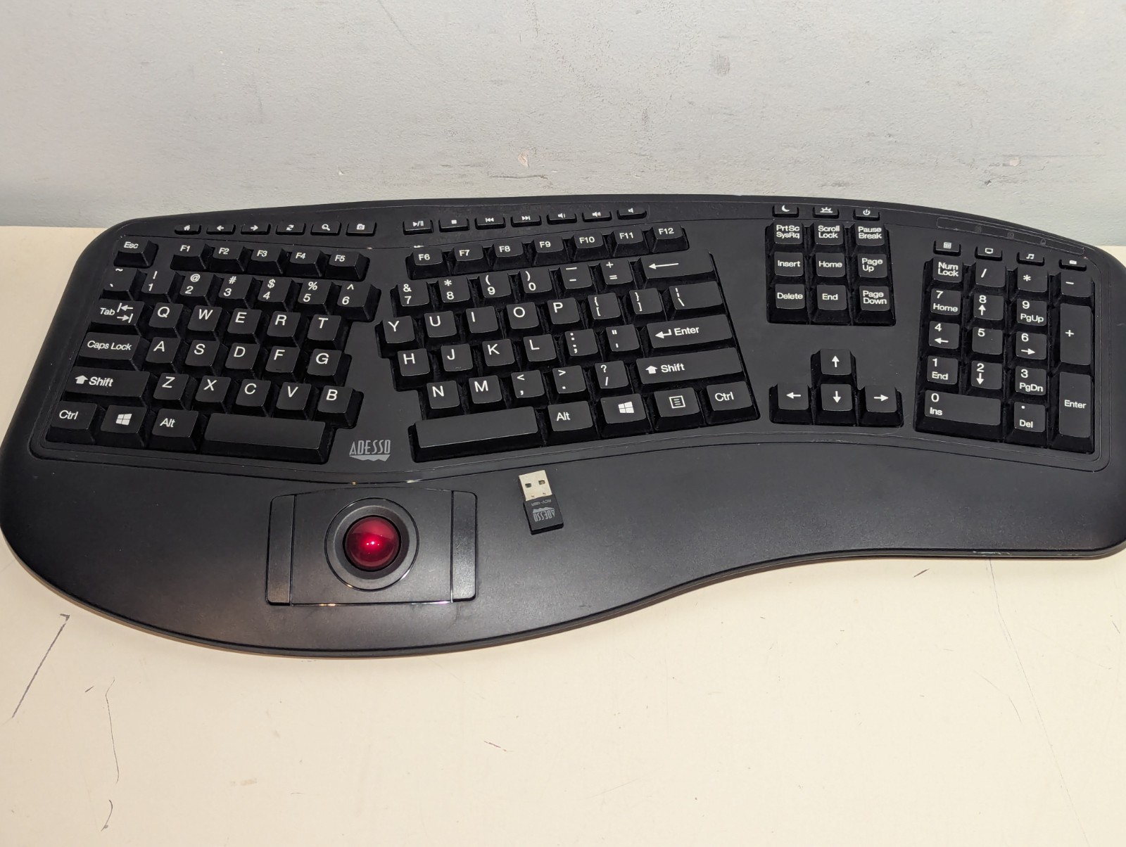 Adesso WKB-3500UB Wireless Ergonomic Trackball Keyboard With Dongle