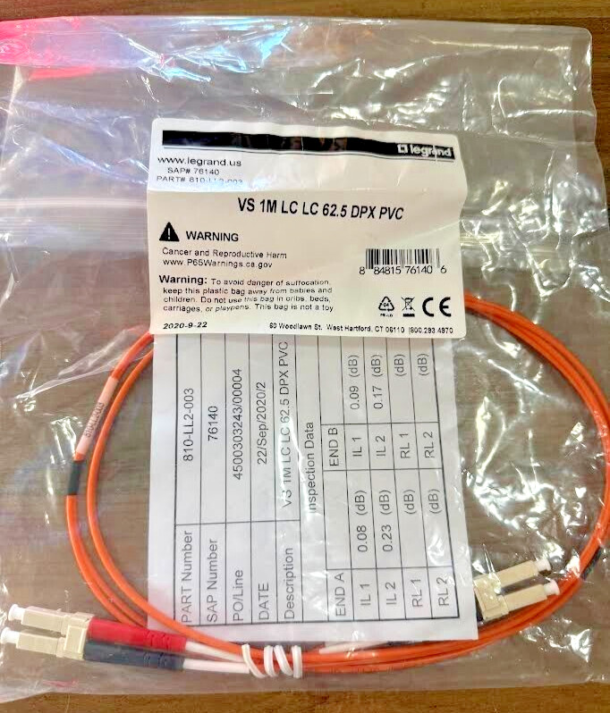 Legrand 810-LL2-003 Fiber Optic Jumper Cable LC-LC Multimode OM4 3M/10ft - New