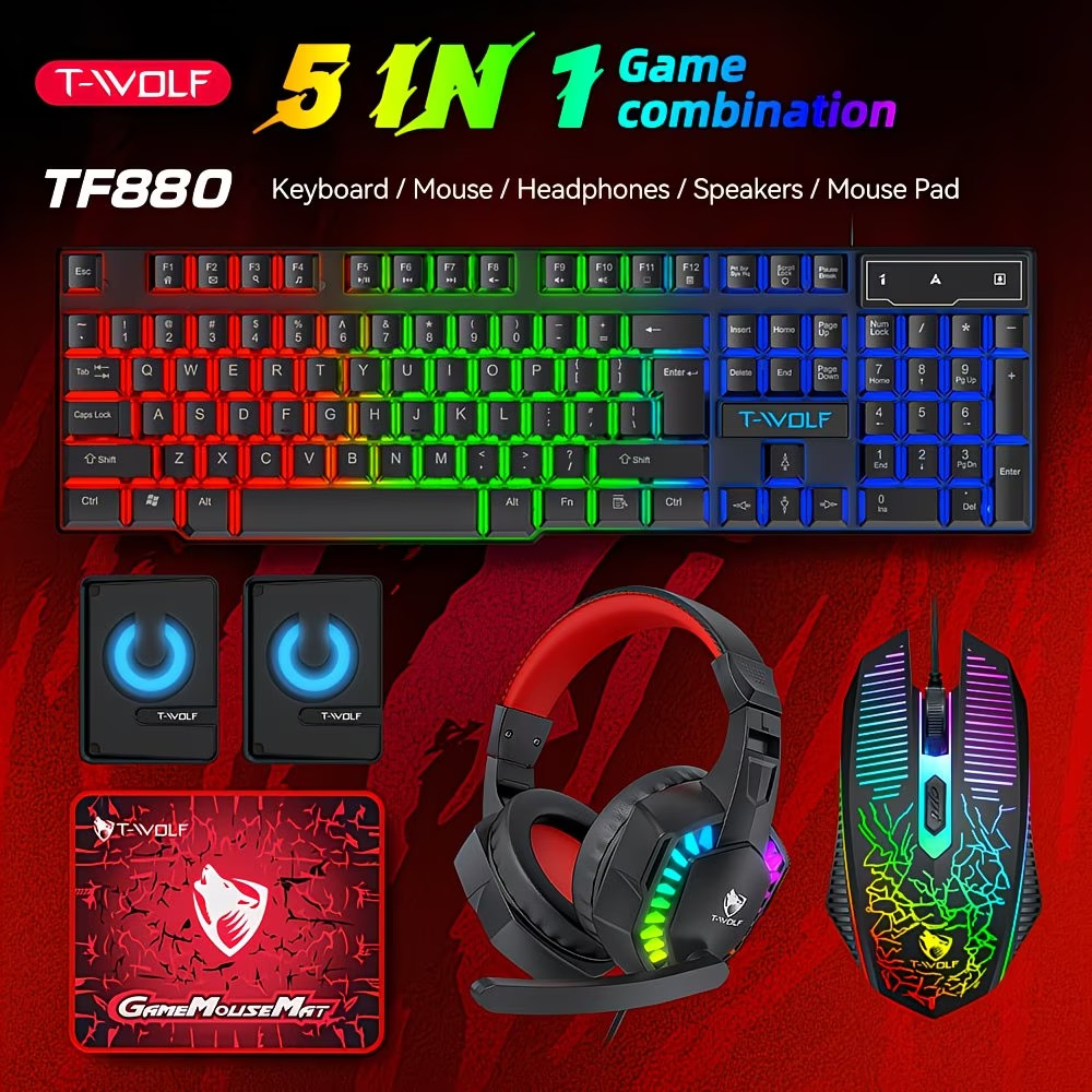 UK Layout Wired 104 Key Gaming Keyboard Mouse Headphone Speaker 5 in 1 Combo RGB