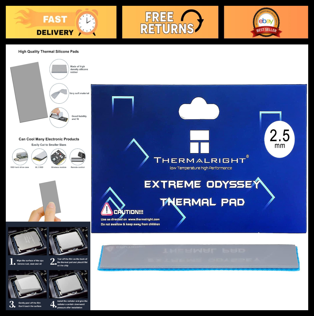 High-Efficiency Thermal Pads 2.5mm, 12.8 W/mK, Non-Conductive for PC PS5 PS4 GPU