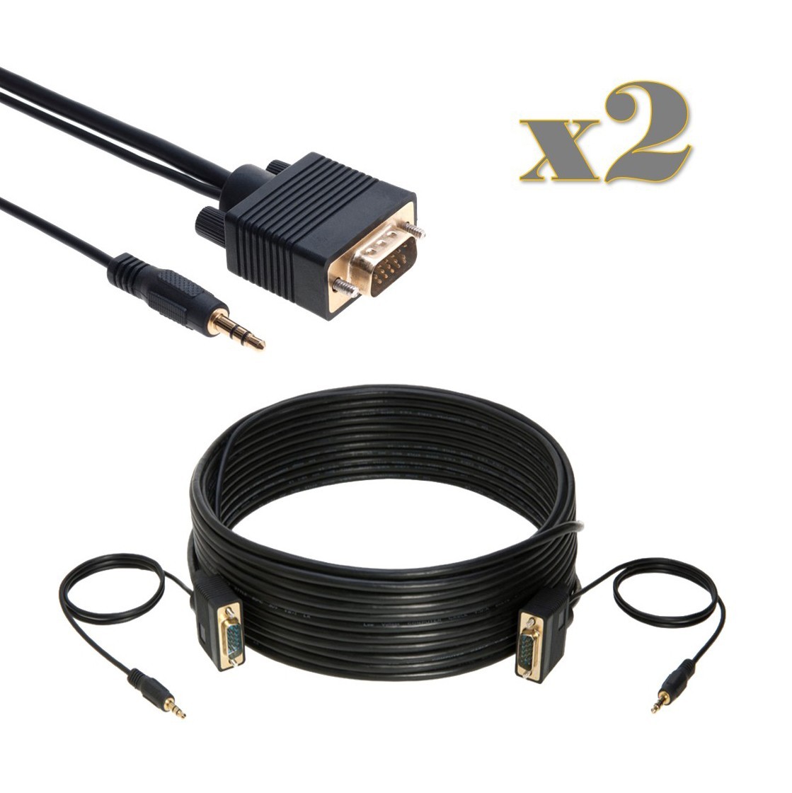 2-Pack - 25FT SVGA M/M Cable + 3.5mm Aux Audio Jack for Monitor PC Projector TV