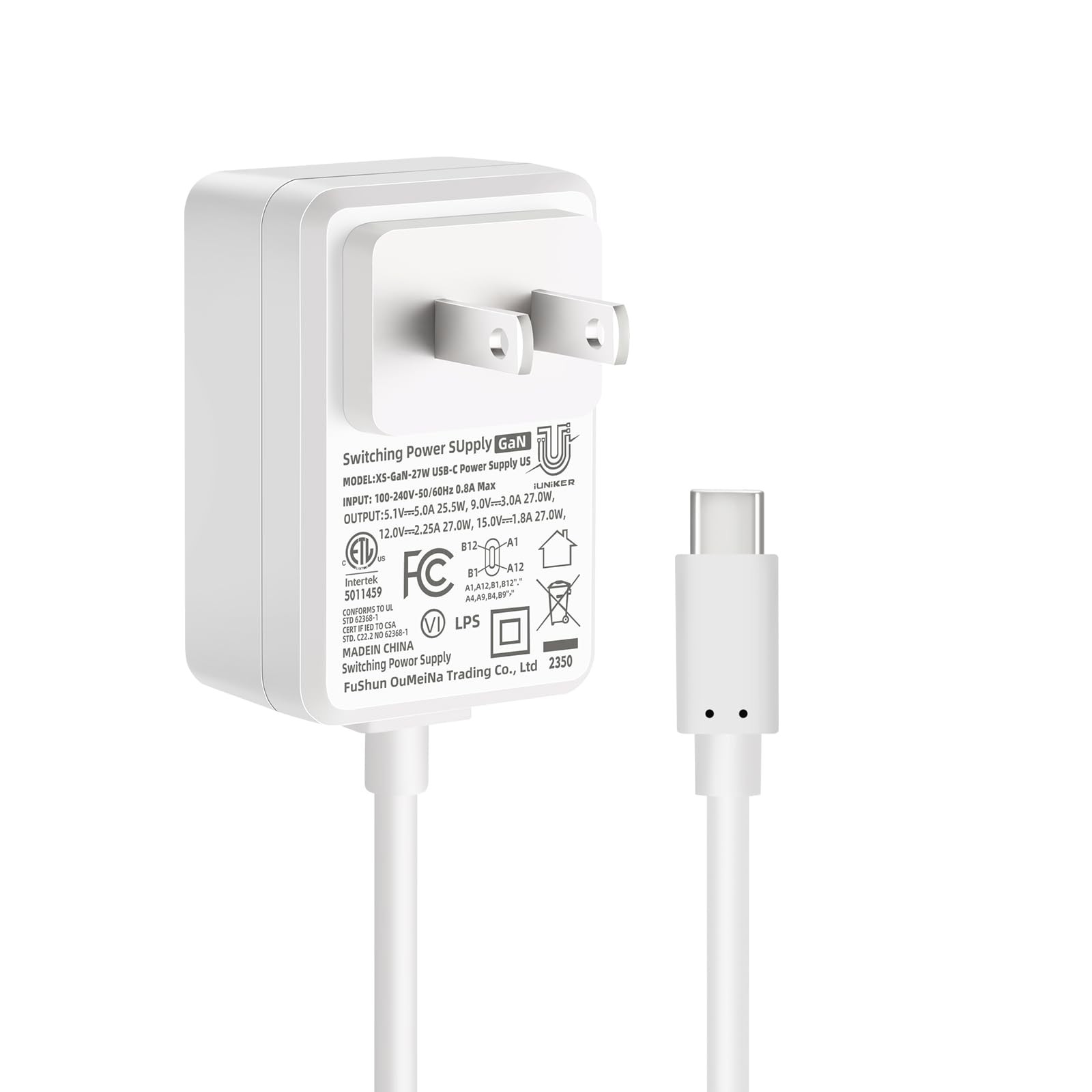 PD USB-C 27W Power Supply for Raspberry Pi 5, Cable Length 47 inch 5.1V 5A GaN