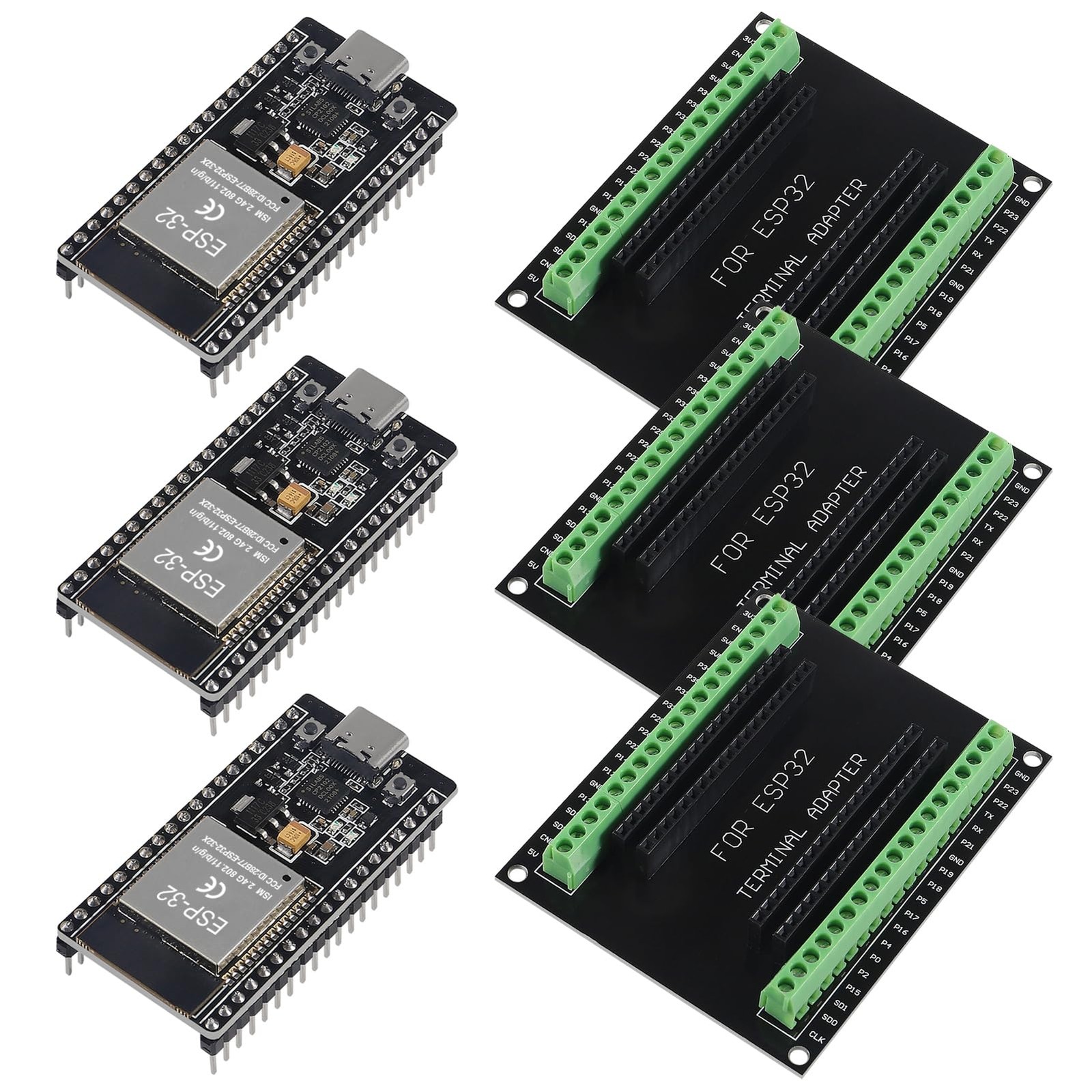 3 Set ESP32 38Pin Narrow Type-C+extensionboard, 3pcs 38pin c+green
