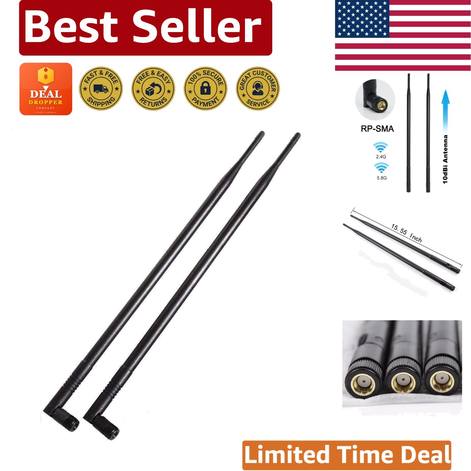 Omni-Directional 1.3ft WiFi 5GHz/2.4GHz Antenna Set for Routers & Adapters