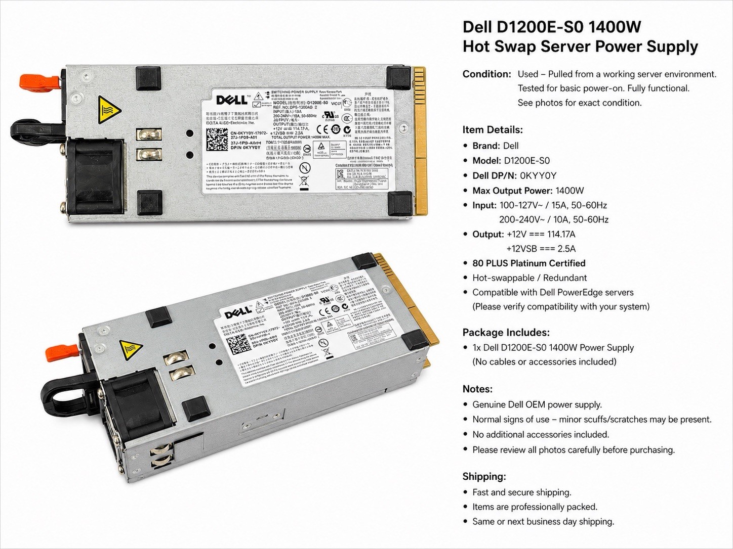 Dell Platinum Rated 80+ Platinum 94% 1400W Server Power Supply