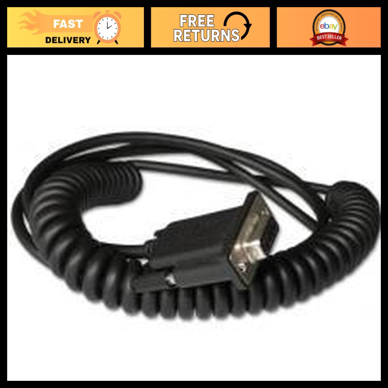 Coiled RS-232 Cable with DB9 Female Connector, 3m/9.8ft, Black - High Quality
