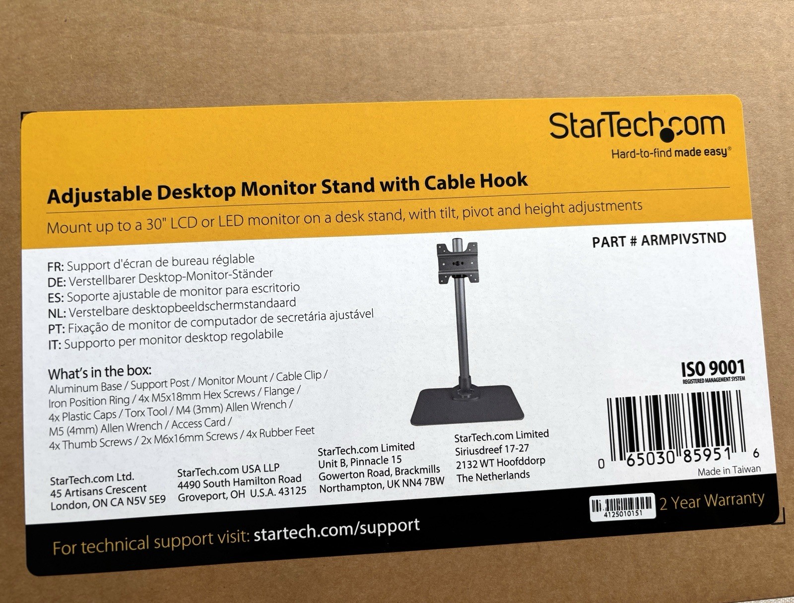 Adjustable Monitor Stand With Cable Hook Made By Startech.