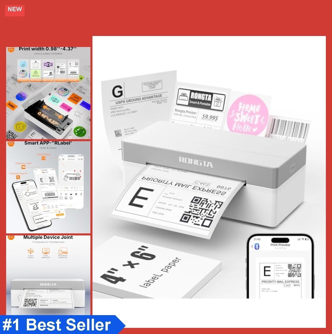 Thermal Label Printer 4x6 Bluetooth Wireless 203 DPI USB Shipping Label Maker