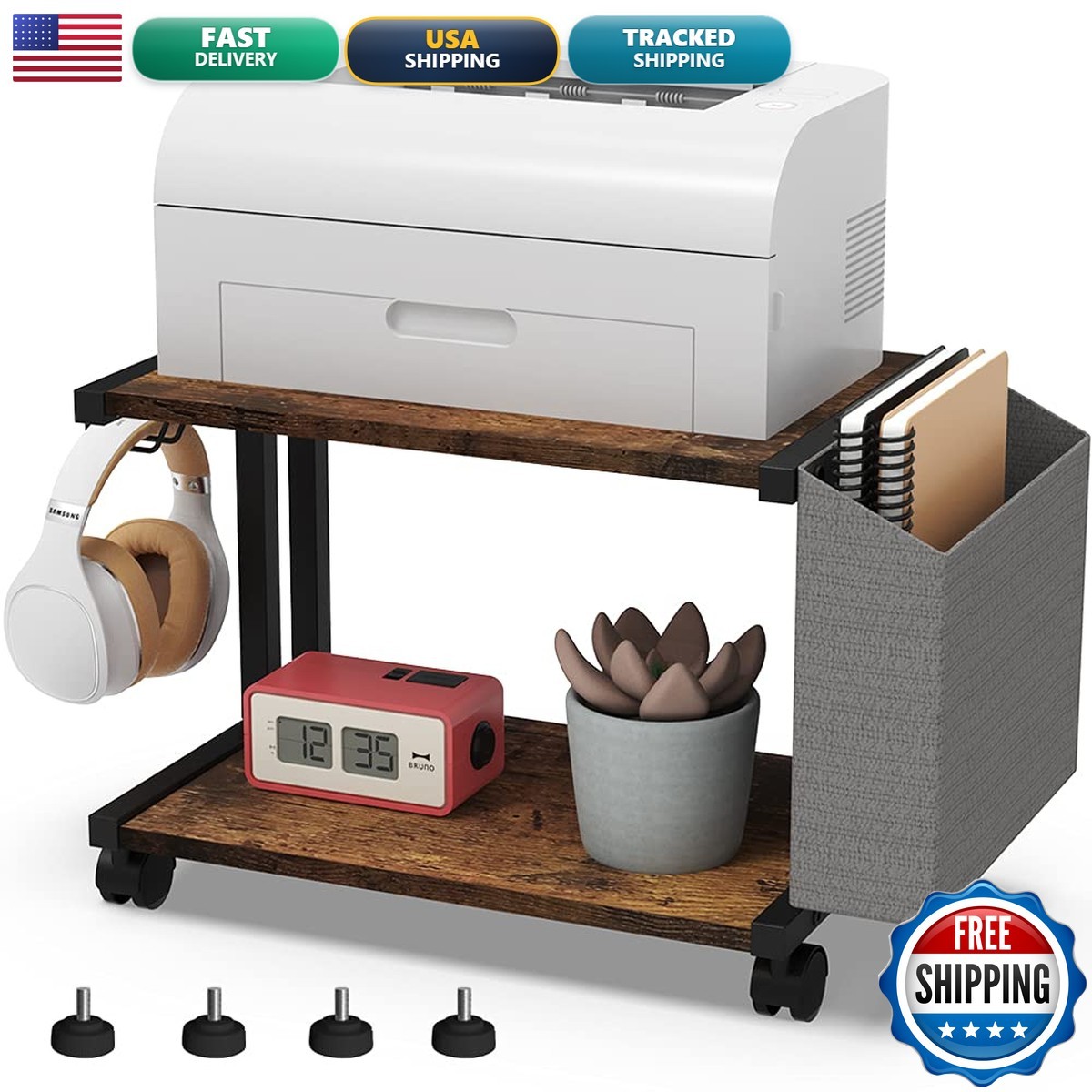 VEDECASA 2 Tier Rustic Brown Wooden Under Desk Printer Stand Storage Bag Home