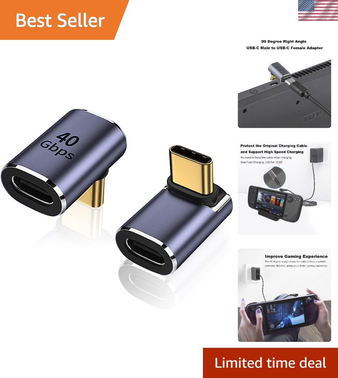 Ultra Compact 90 Degree USB-C Male to Female Adapter 2 Pack, 8K Video Support