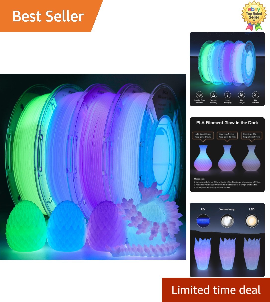 1.75mm Rainbow Glow PLA Filament for Vibrant Night Designs - 4 Pack