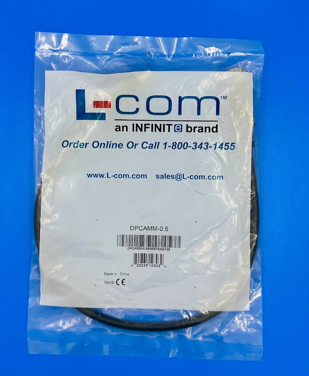 L-Com DPCAMM-0.5 DisplayPort Cable 0.5m Male to Male 4K UHD Shielded Black