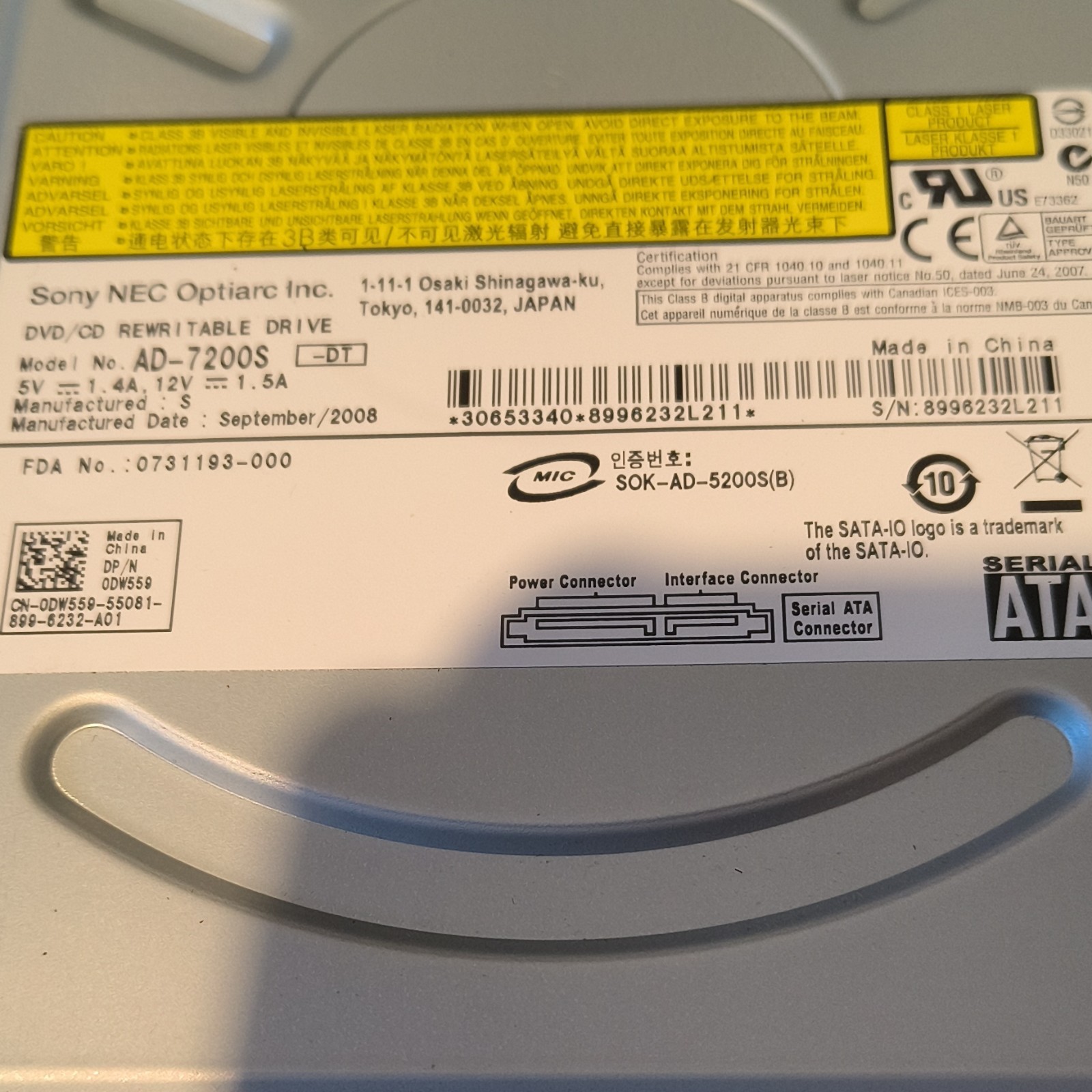 Sony NEC Optiarc AD-7200S SATA 20x 5.25in Internal DVD/CD Writer Black PC