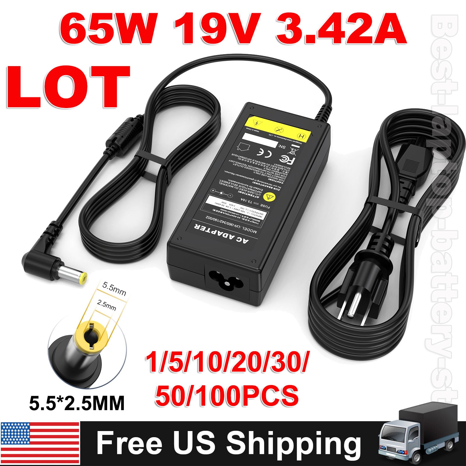 LOT OF 65W 19V 3.42A AC Adapter Charger For Toshiba Laptop Power Supply Cord US