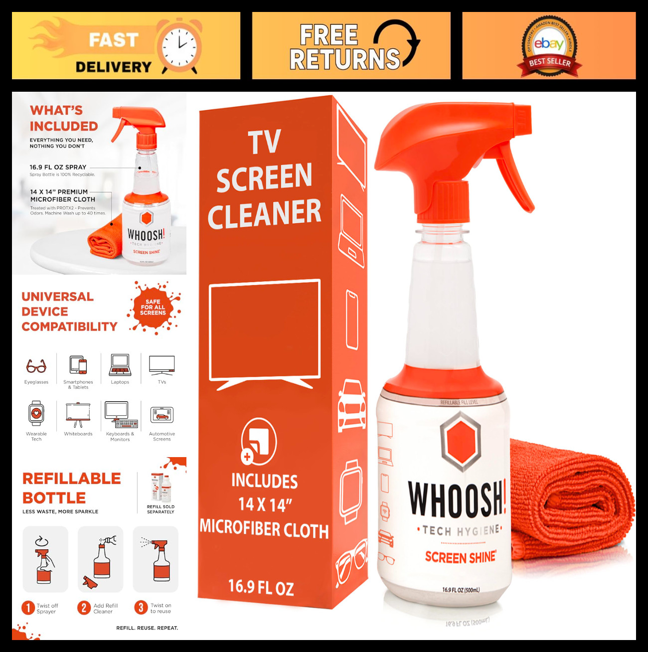 Streak-Free TV Screen Cleaner & Microfiber Cloth - Non-Toxic Electronics Cleanin