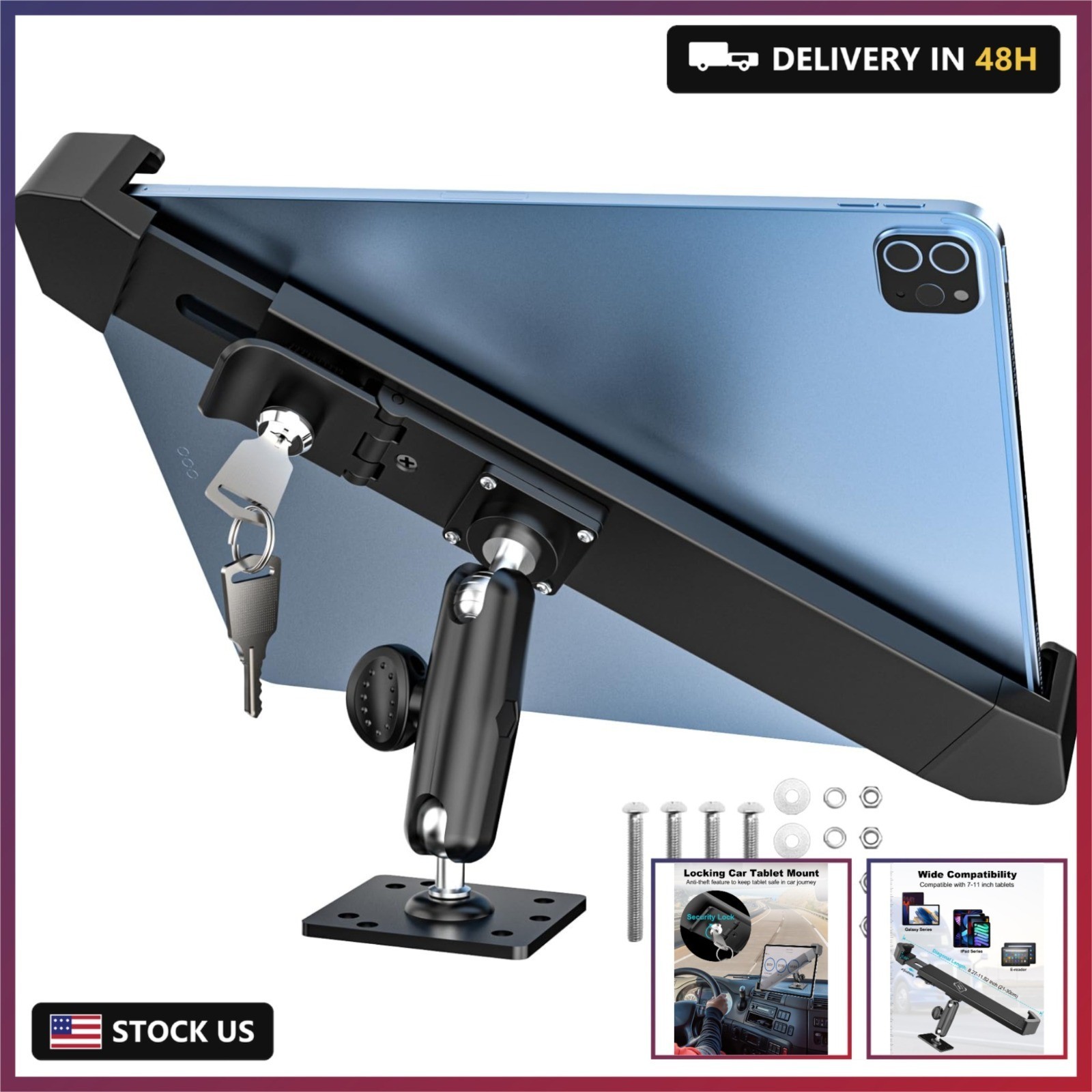 Locking Car Tablet Mount,【Metal Adjustable Arm】 Anti-Theft iPad Holder for Comme