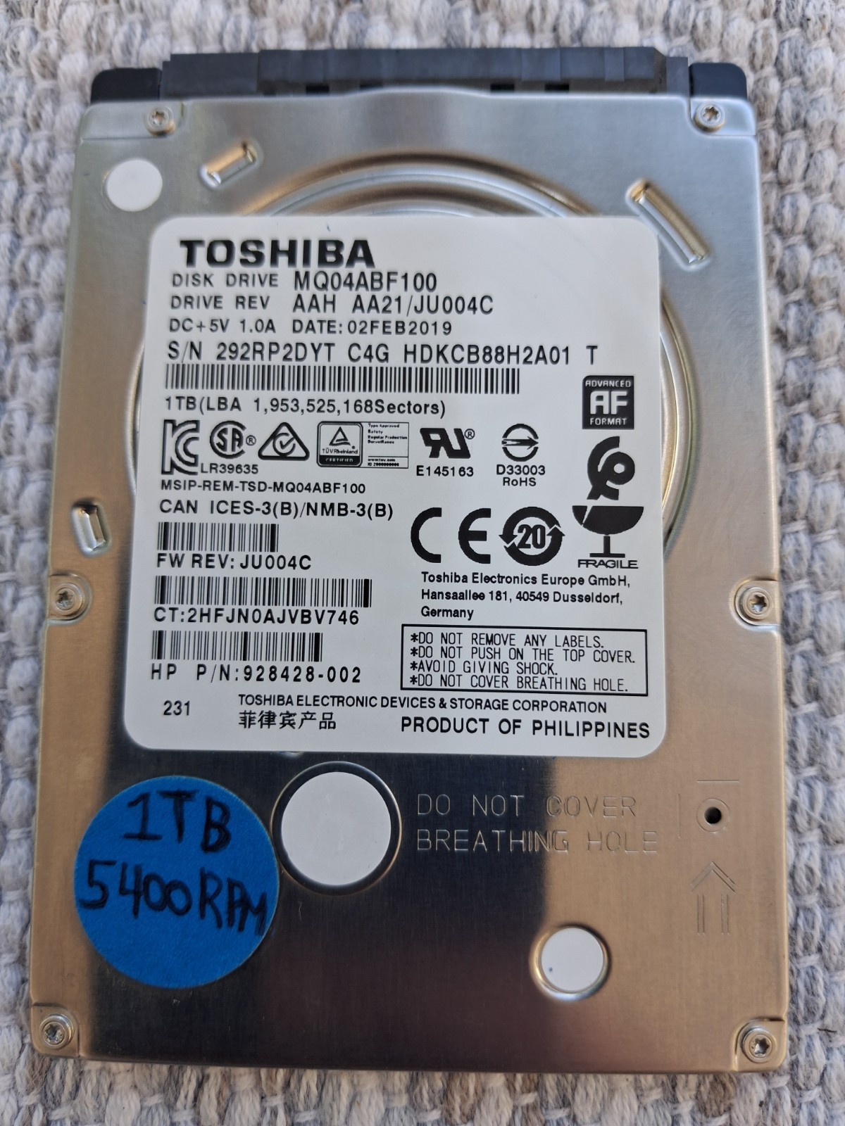 1TB Toshiba 2.5" 5400RPM HDD