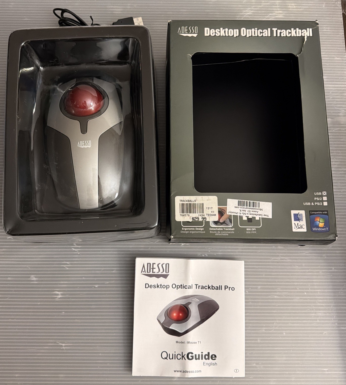 iMouse T1 Desktop Optical Trackball Adesso Mouse USB Mac Windows Box Damage