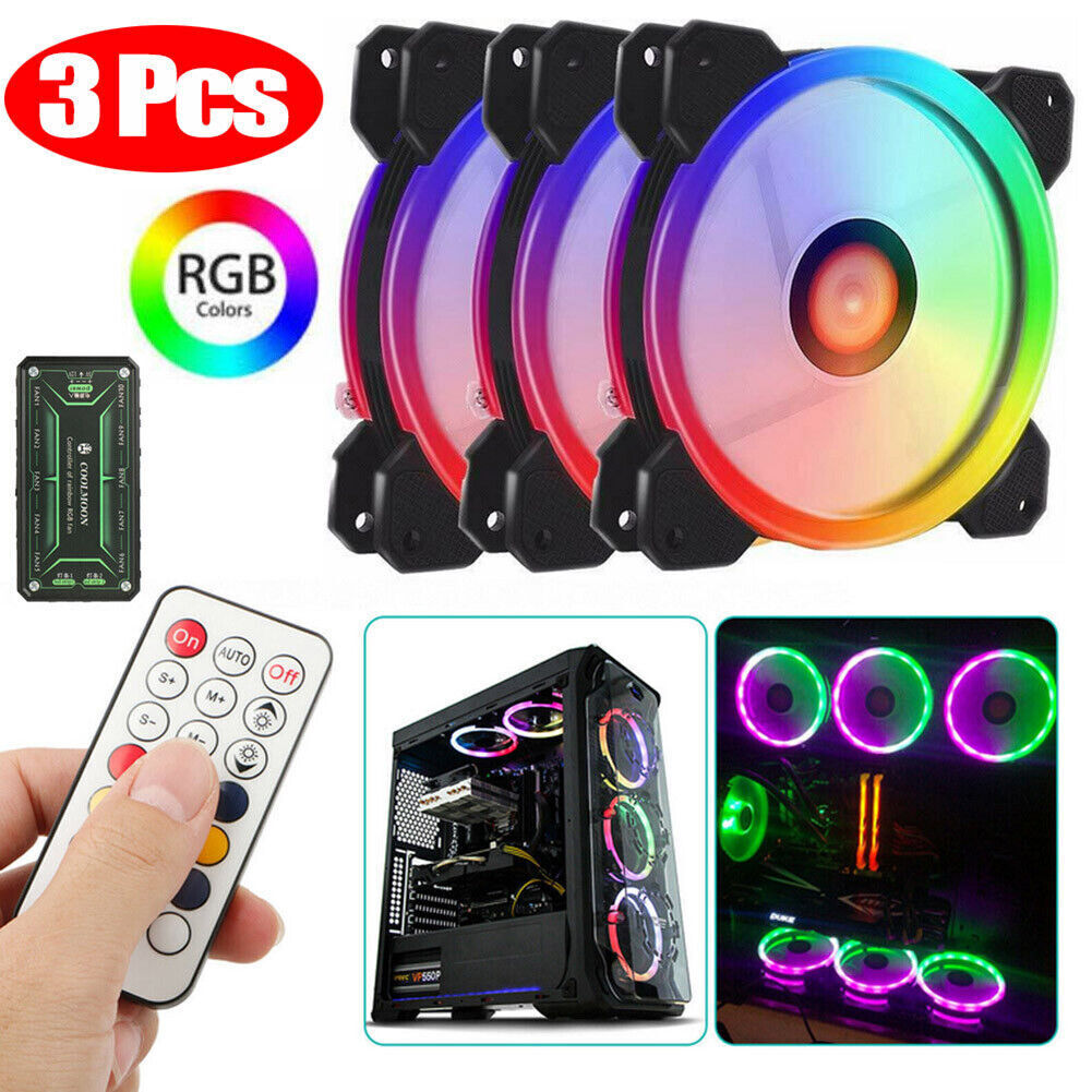 3 Pack RGB LED Quiet Computer Case PC Cooling Fan 120mm With Remote Control