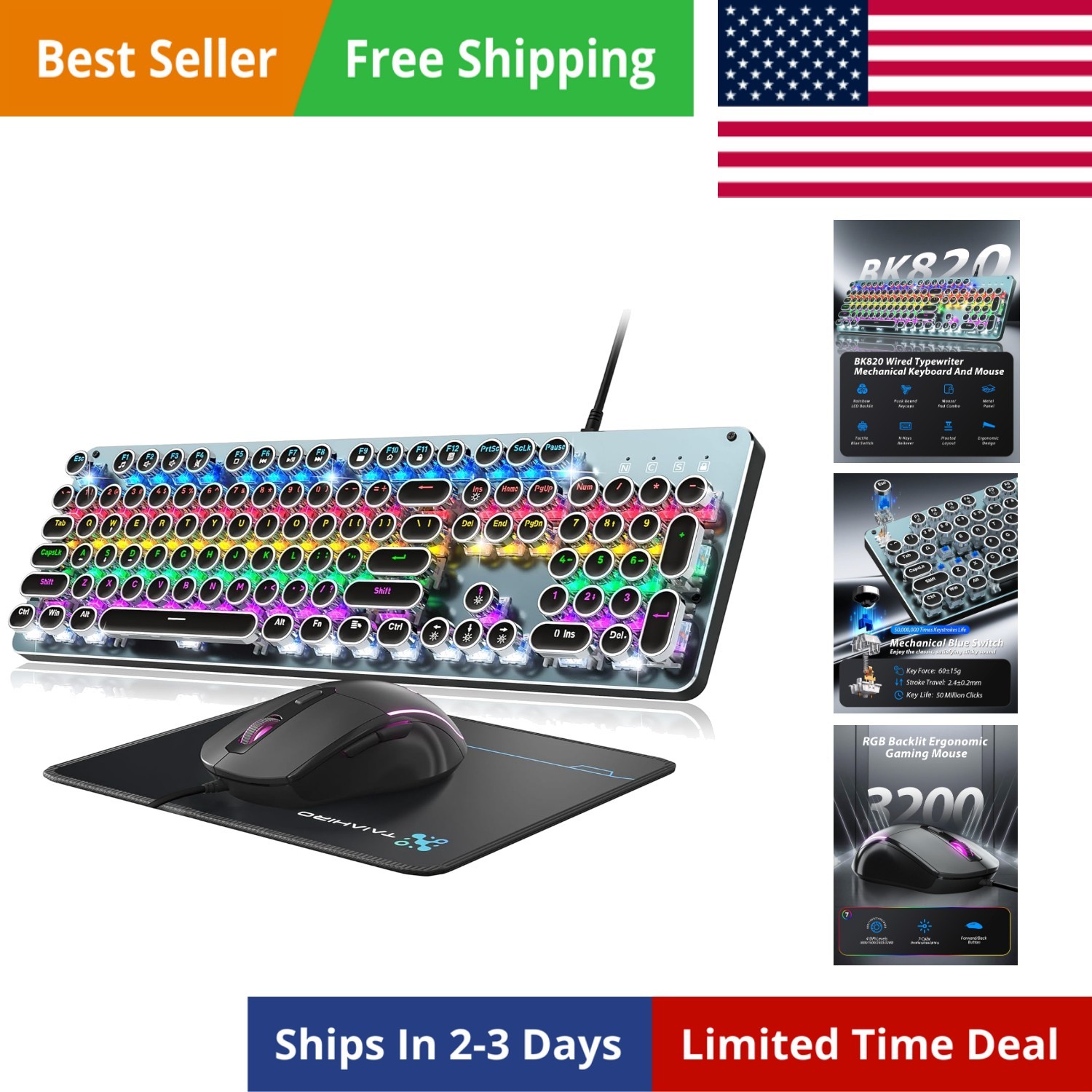 Typewriter Style Mechanical Gaming Keyboard Blue Switch, Rainbow LED Backlit ...