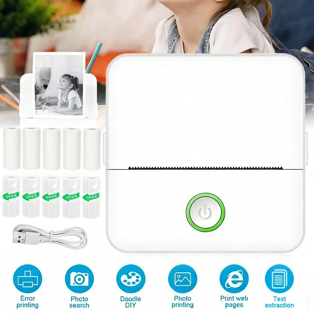 Portable Mini Pocket Thermal Printer Wireless Bluetooth w/ 10Pcs Printing Paper