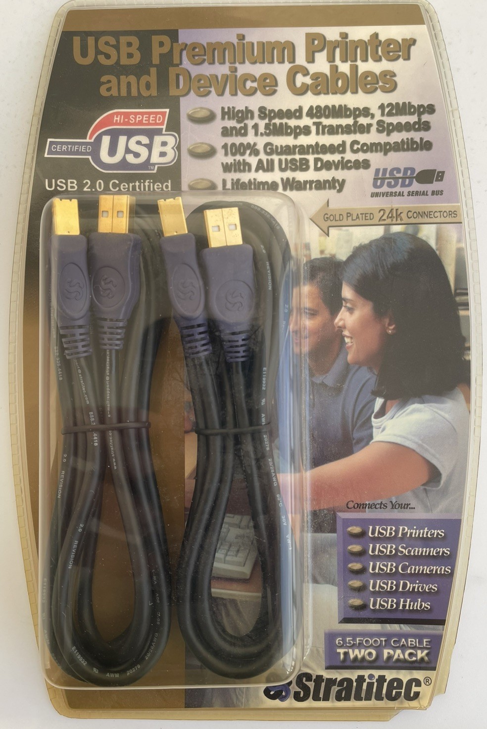 2-Pack STRATITEC Premium USB 2.0 Printer Device Cable 6.5ft 24K Gold Plated NEW