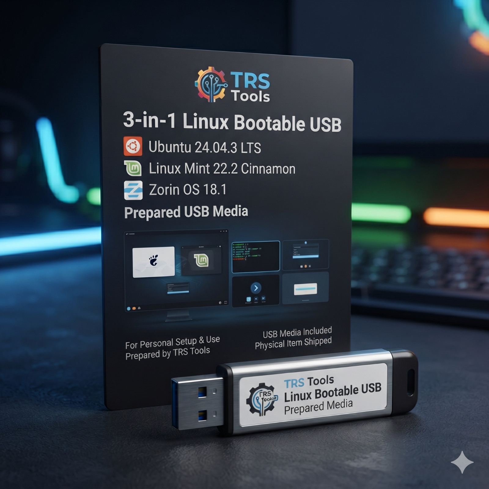 Linux Triple-Boot USB 32GB | Ubuntu 24.04 LTS Mint 22.2 Zorin OS