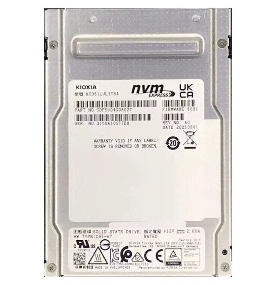 KIOXIA CD6 3.84TB 2.5" U.2 PCIe KCD61LUL3T84 SSD Solid State Drive 90+% Health