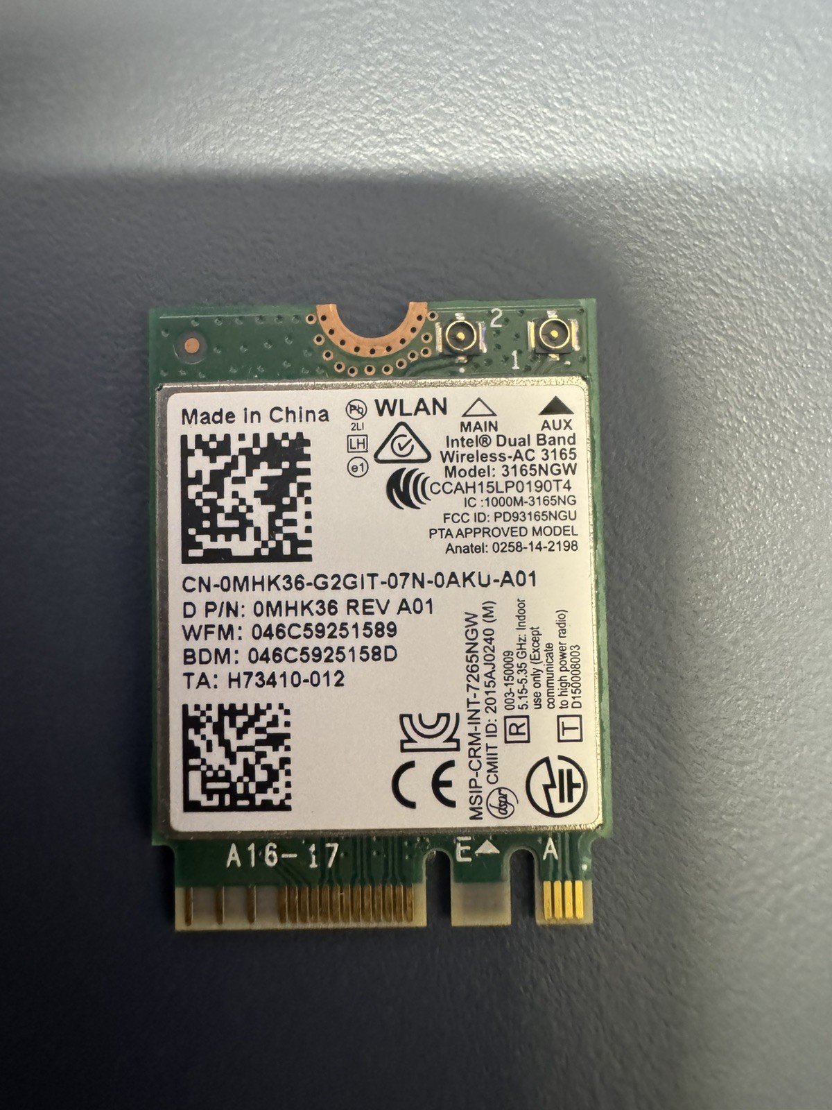Intel Dual Band Wireless AC 3165 3165NGW 433Mbps BT 4.0 WLAN Card MHK36 For Dell