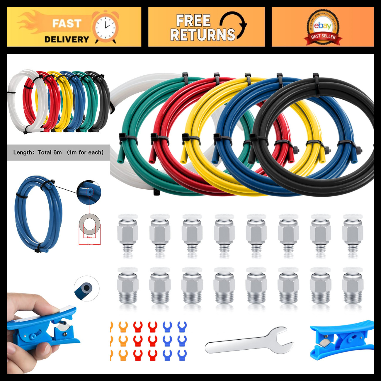 High Temp Resistant Bowden Tubing 6M Teflon Tube for 1.75mm Filament + Fittings