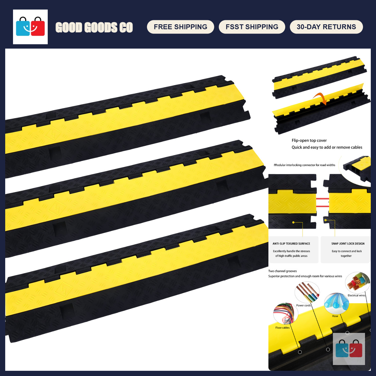 2 Channel Cable Ramp Protector - Rubber Cord Cover Speed Bump for Driveway, 3 Pa