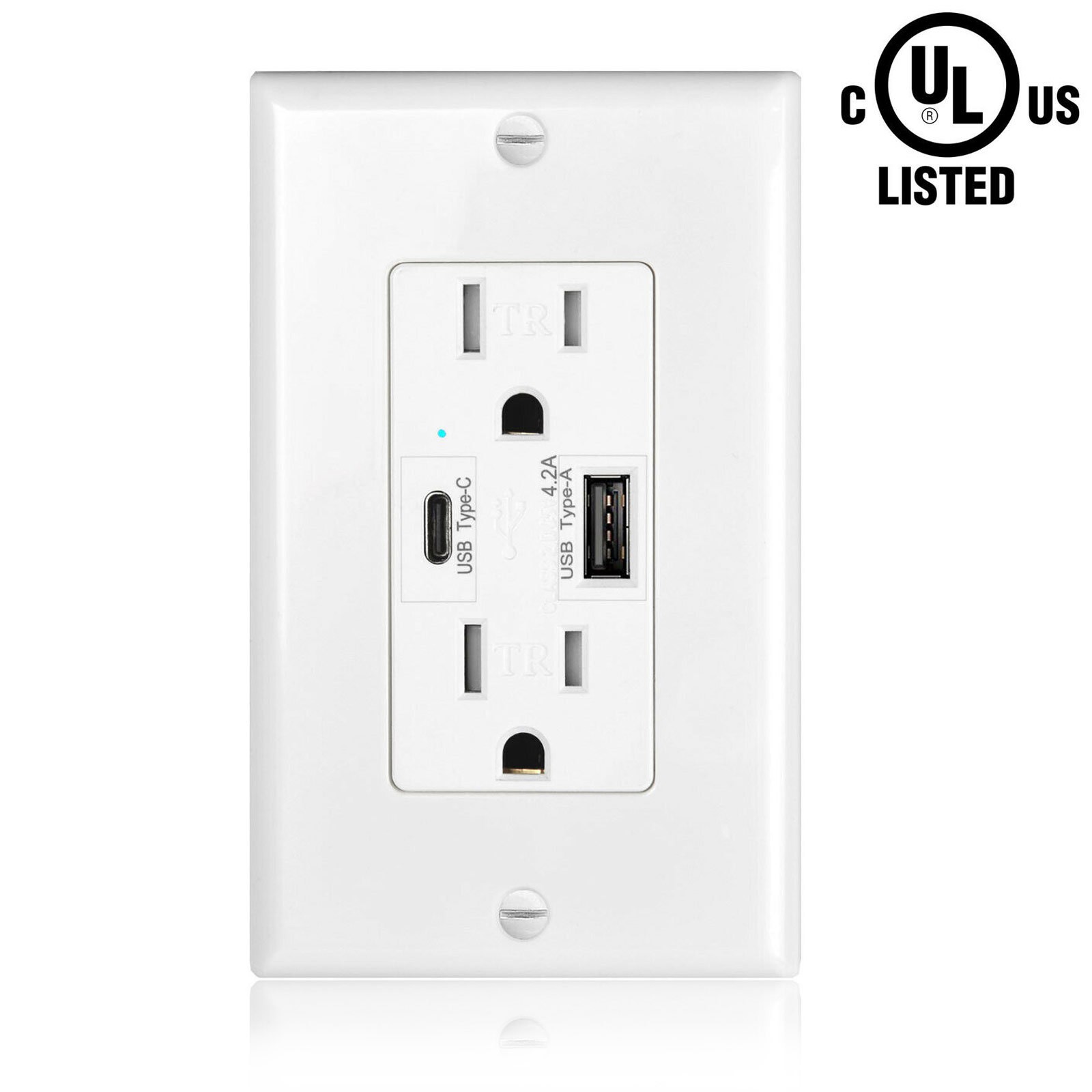 4.2A Dual USB Type-C Wall Outlet Tamper Resistant Duplex Receptacle for Phone US