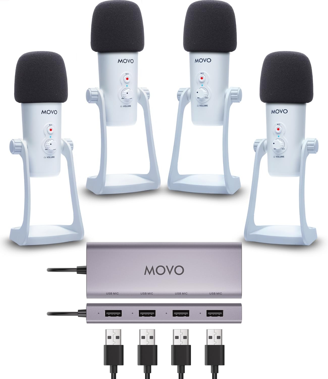 Movo USB Podcast Equipment Bundle for 4 – USB Interface with 4 UM700 Condenser M