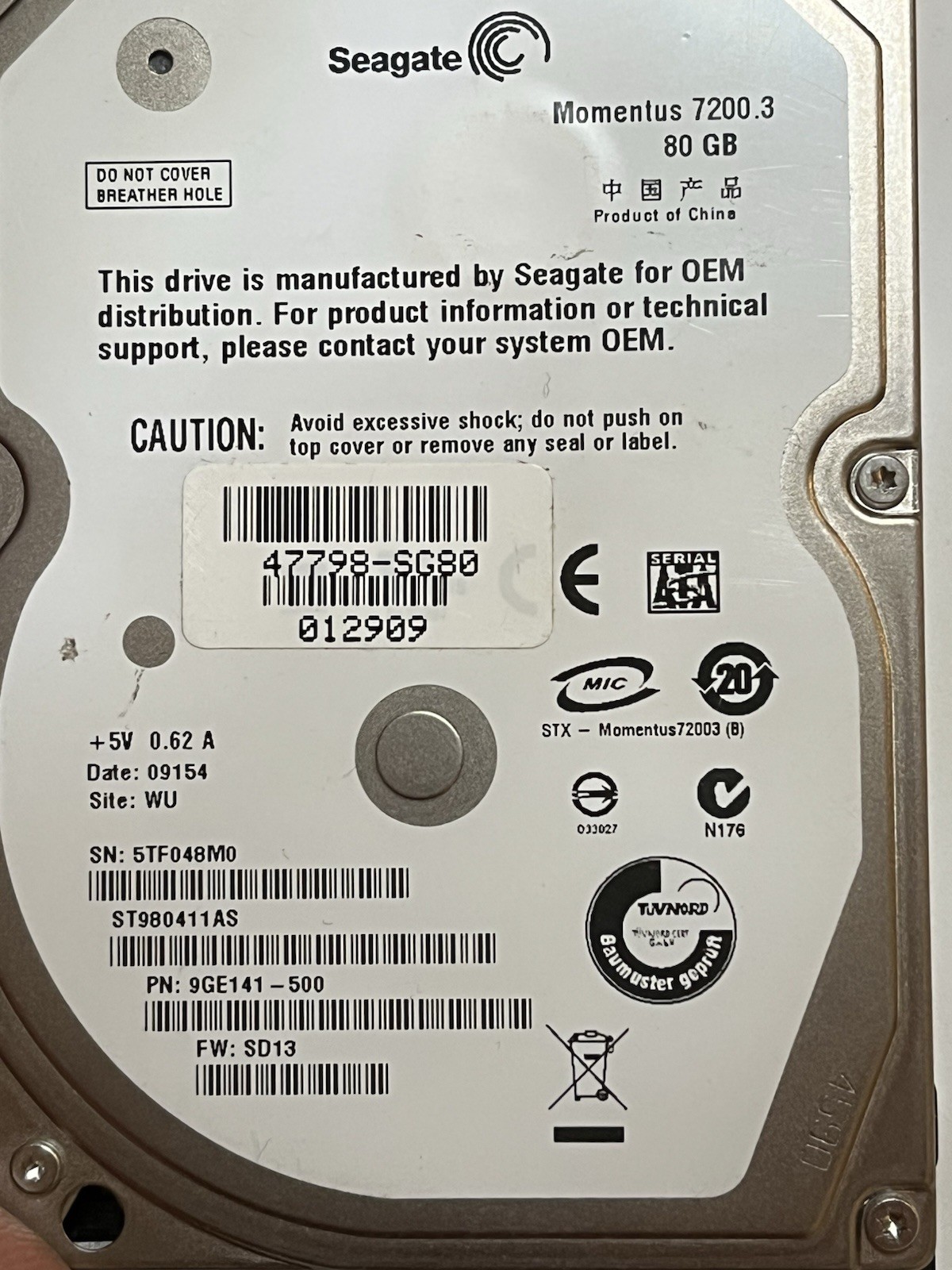 Seagate Momentus 7200.3 80GB Internal 7200RPM 2.5" (ST980411AS) HDD  9GE141-500