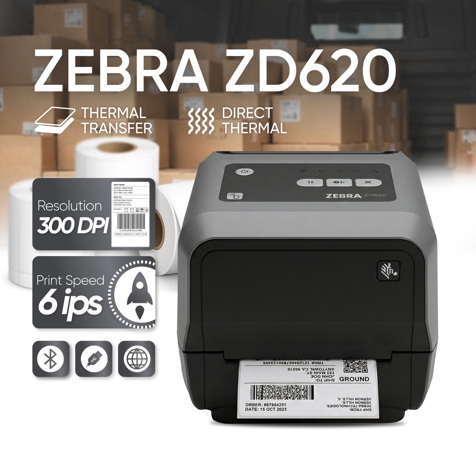 Zebra ZD620 Direct & Thermal Transfer Printer USB LAN Bluetooth ZD62043-T01F00EZ