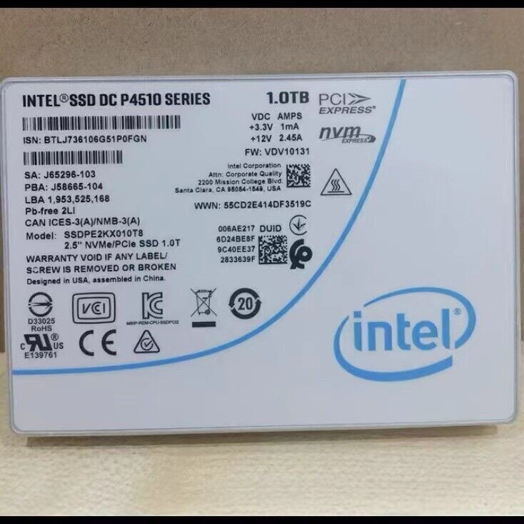 Intel SSD 1TB  P4510 Series DC NVME U.2 2.5" SSDPE2KX010T8 Solid State Drive