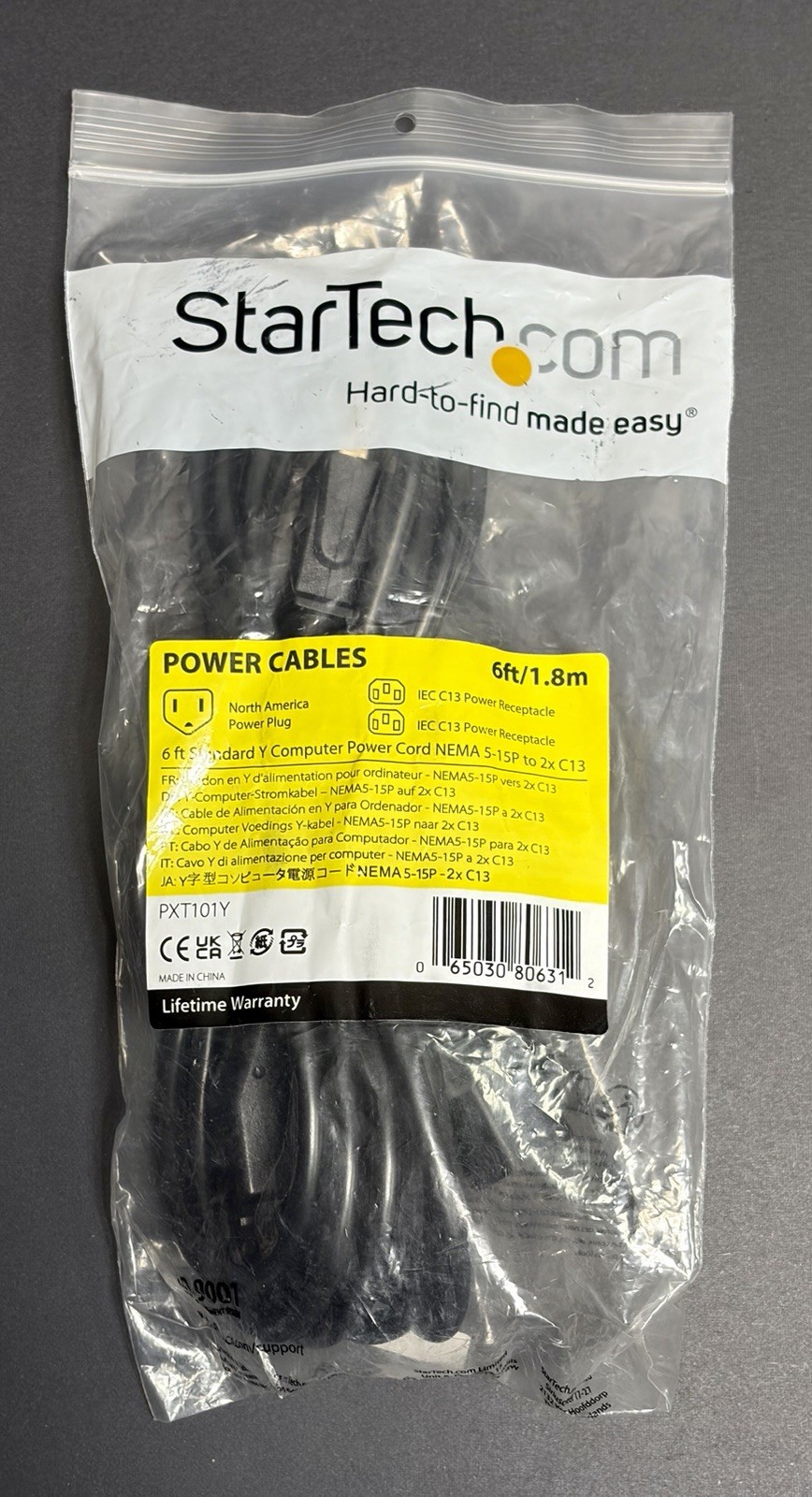 Startech 6ft Standard Y Computer Power Cord NEMA 5-15P to 2xC13 / PXT101Y