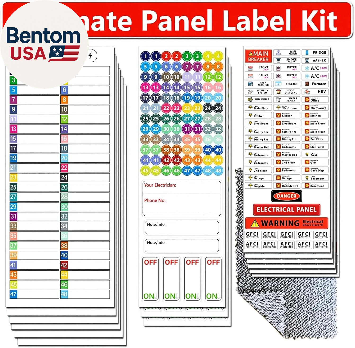 Ultimate 48 Circuit Electrical Panel Labels Kit with Cleaning Cloth, Waterproof