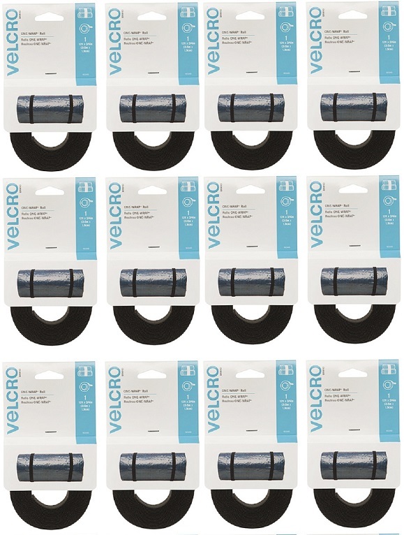 Velcro 90340 3/4" x 12' ft Black One-Wrap Reusable Bundling Tape Rolls - 12 Pack