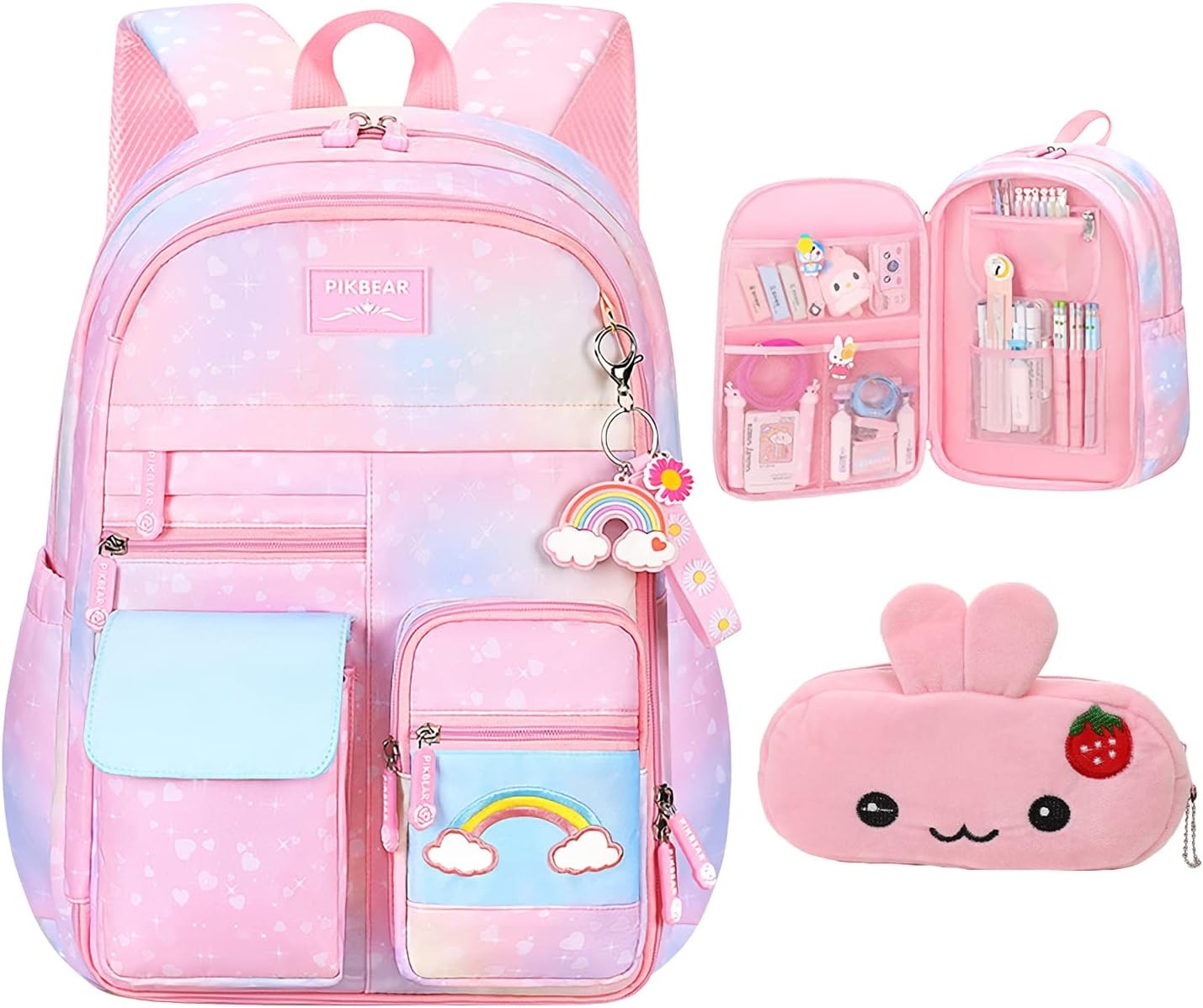 Pink Kawaii Backpack Starry Rainbow Bookbag Cute Large One Size, 