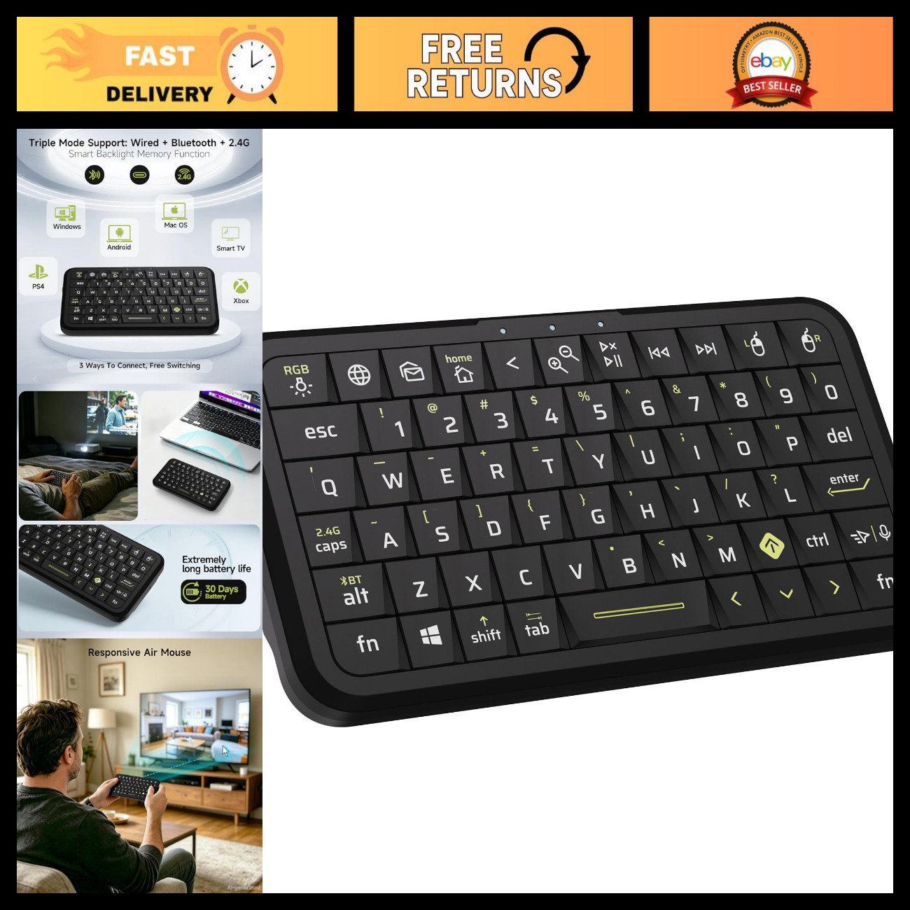 Ultra-Slim Mini Keyboard, Triple Mode 2.4G/Bluetooth/USB-C, RGB Backlit, Air Mou