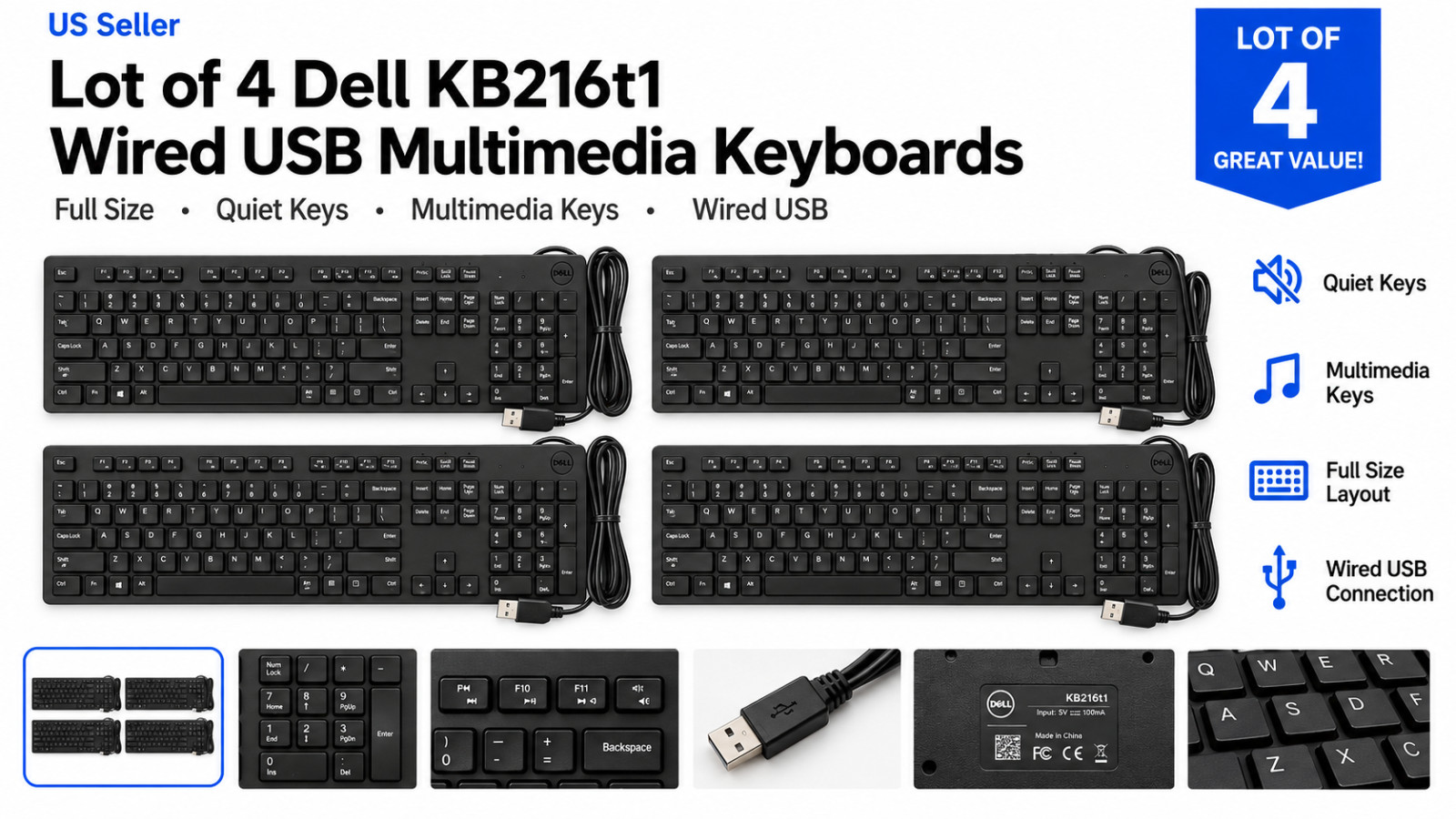 4 Genuine Dell KB216t1 Wired USB Multimedia Keyboards Full Size Black