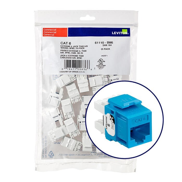 Leviton 61110-BL6 Extreme Category 6 UTP Quickport Jack Blue 25-pack
