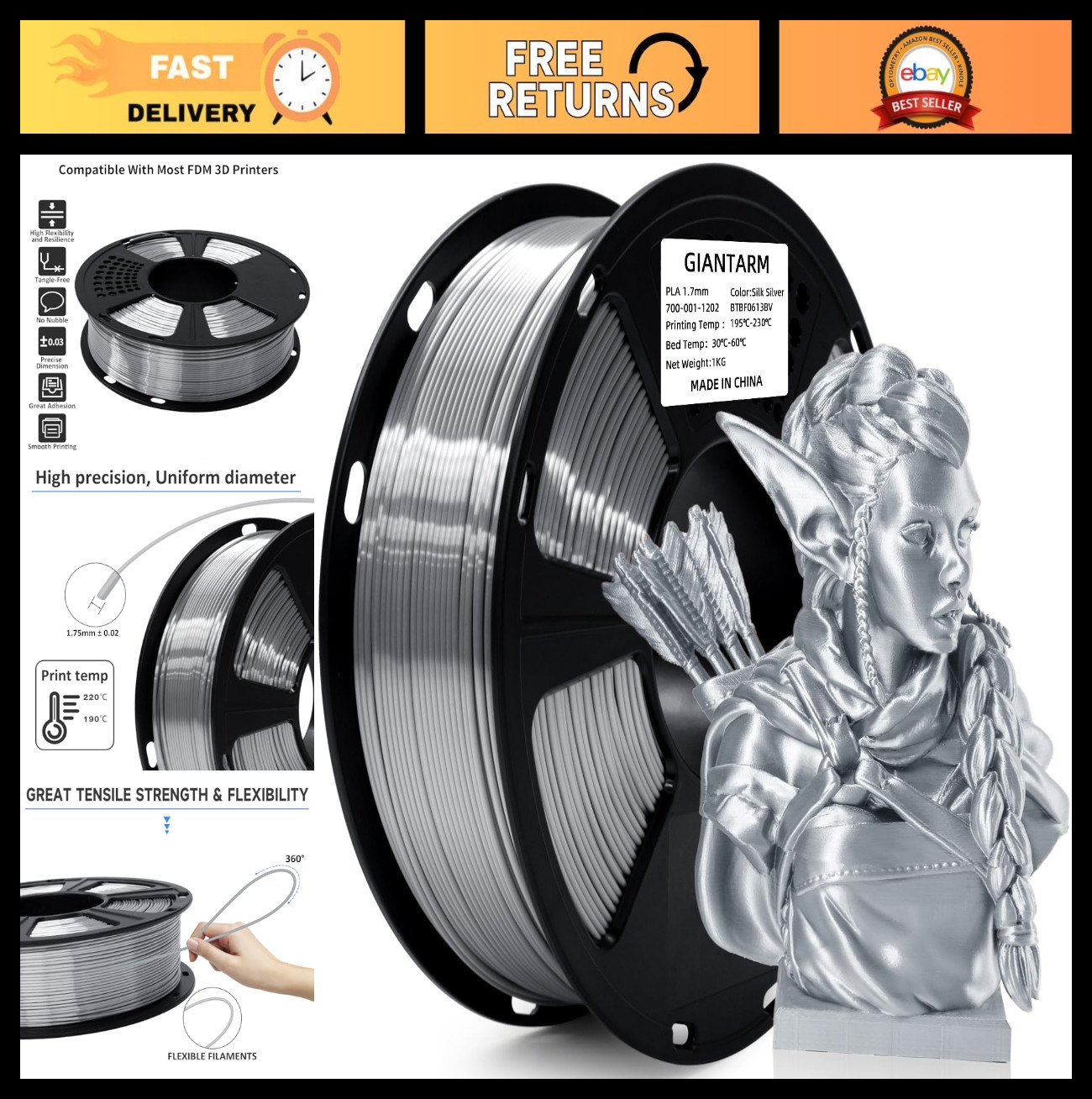 Silk Metallic Silver 3D Printer Filament 1kg Spool 1.75mm Dimensional Accuracy +