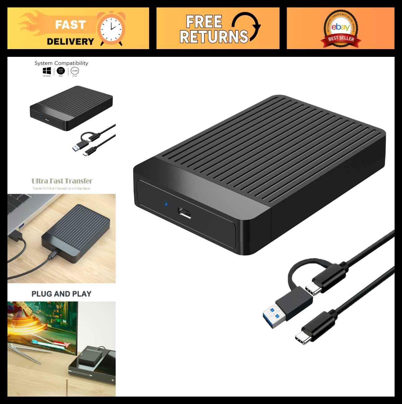 1TB Ultra Slim Portable External Hard Drive USB 3.1 Type-C for PC, Mac, Laptop