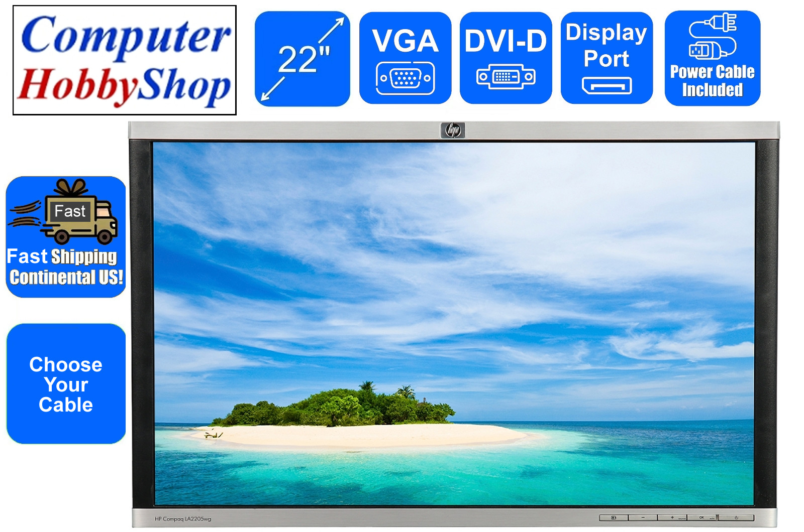 22" 1680x1050 LCD Monitor VGA, DVI, DisplayPort, USB Hub, 16:10, No Stand + Free