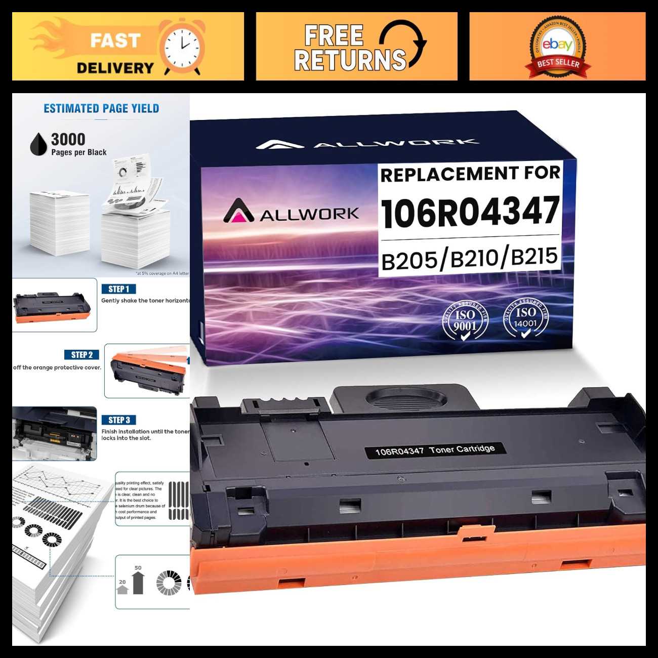 High Yield Toner Cartridge Replacement for Xerox B205 B210 B215 106R04347