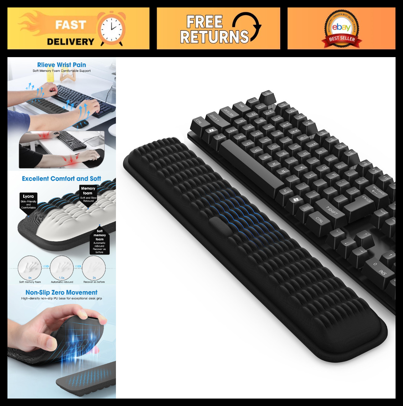 Soft Memory Foam Keyboard Wrist Rest Pad for Pain Relief - Ergonomic Hand Suppor