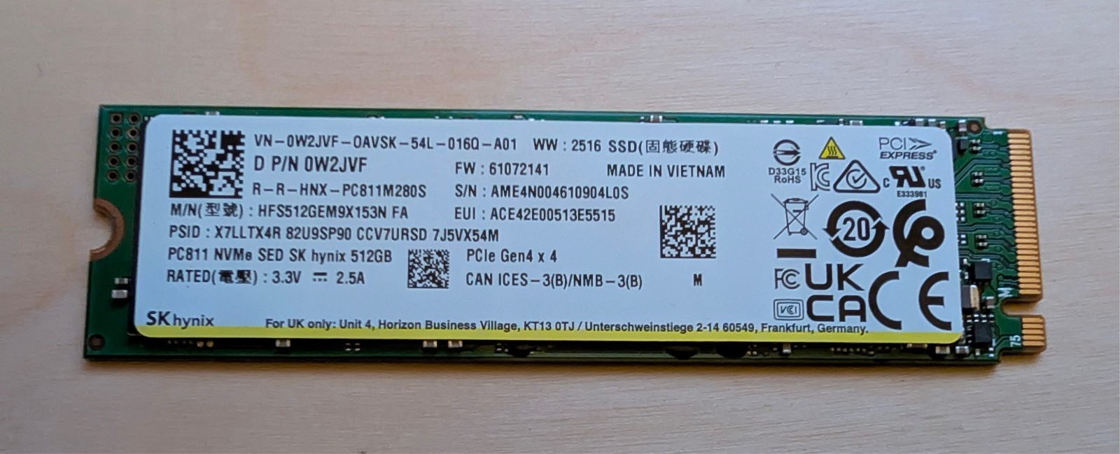 SK Hynix PC811 512GB Gen4 m.2 NVMe SSD HFS512GEM9X153N SSD
