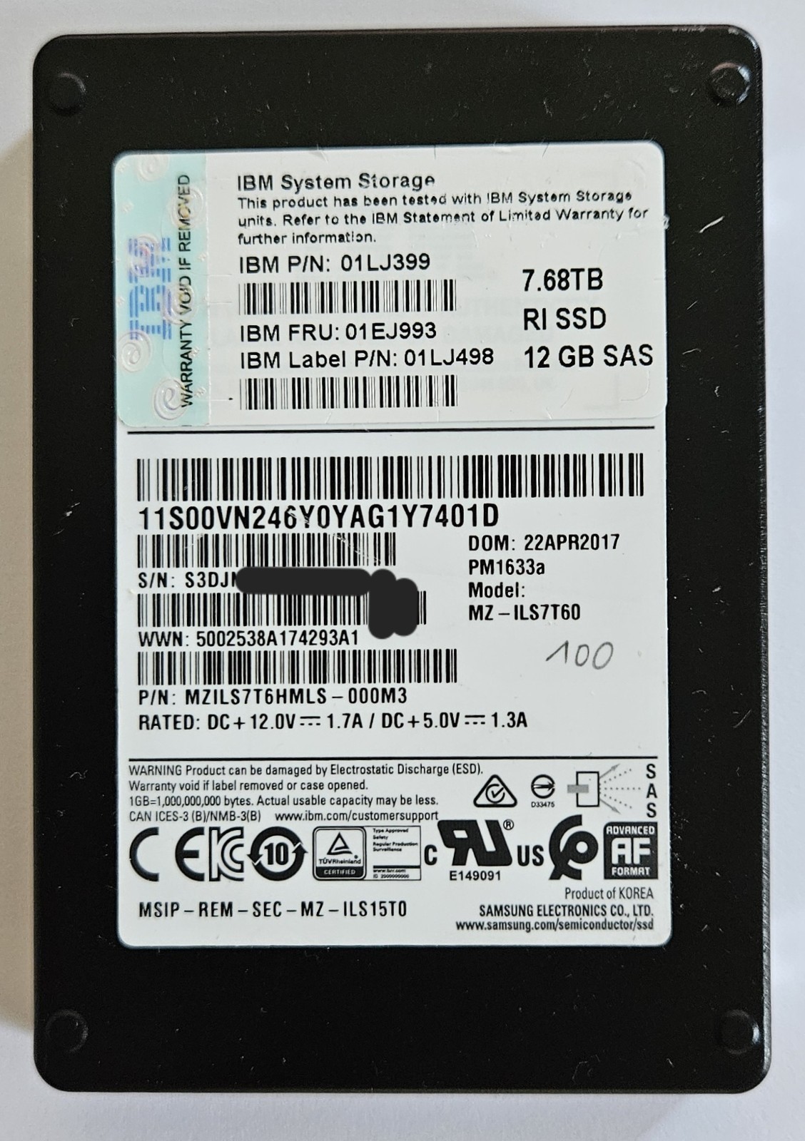 7.68TB Samsung PM1633a | 8TB 2.5" IBM SAS | MZILS7T6HMLS-000M3 | 100% Life